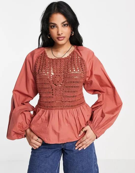 long sleeve top with crochet detail and tie waist in rust