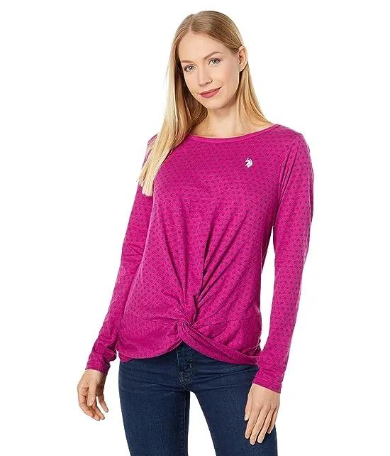 Long Sleeve Twist Front Ditsy Knit Shirt