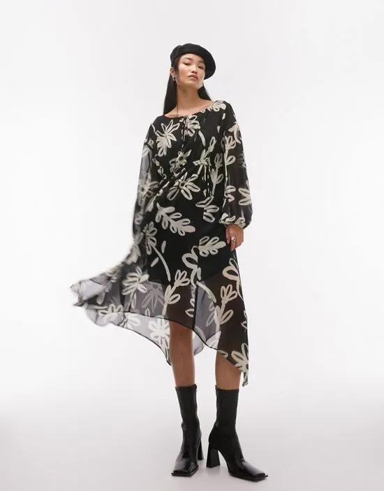 long sleeve v-neck chuck on midi dress in bold floral