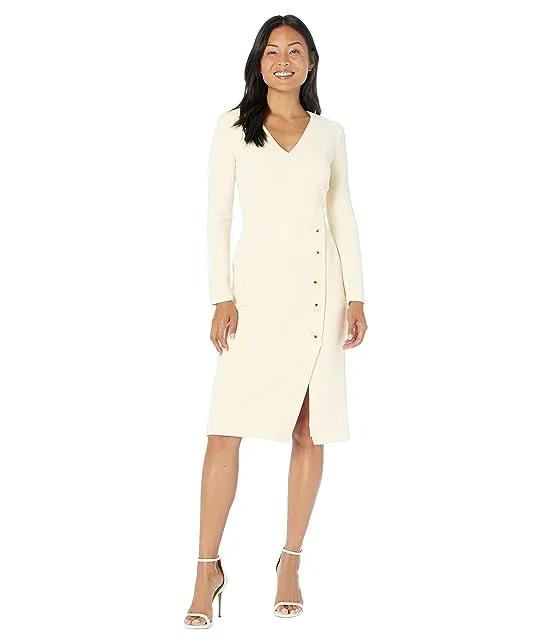 Long Sleeve V-Neck Midi with Wrap Skirt & Button Detail