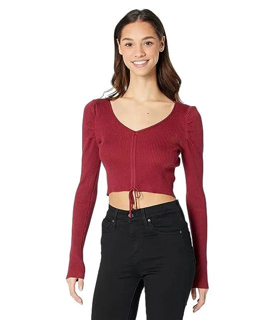 Long Sleeve V-Neck Puff Shoulder Top with Ruching