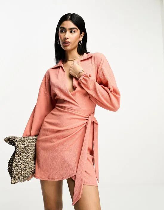 long sleeve v neck wrap mini dress in rust