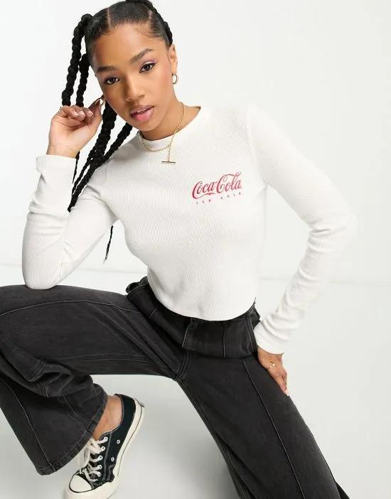 long sleeve waffle baby tee with coca cola license graphic in cream