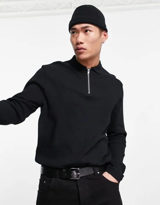 long sleeve waffle polo with zip in black