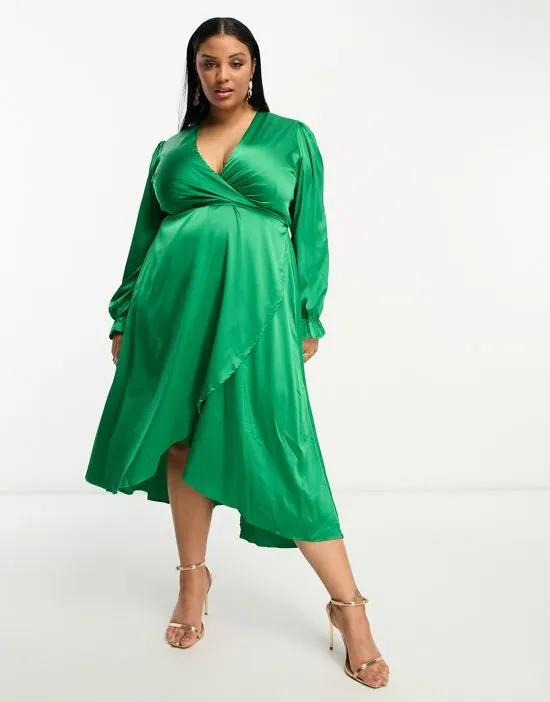 long sleeve wrap dress in green satin
