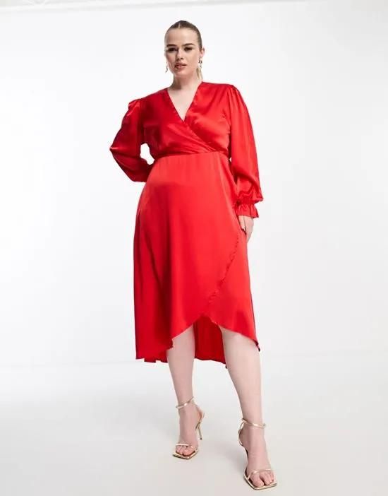 long sleeve wrap dress in red satin