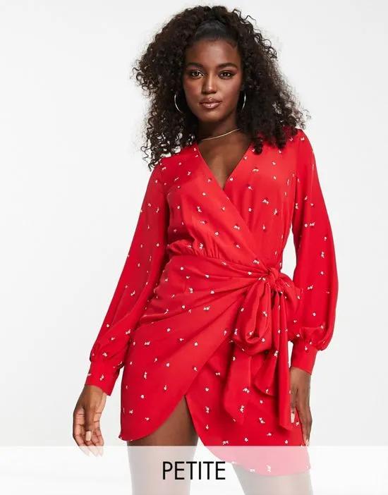 long sleeve wrap dress with tie waist in red ditsy