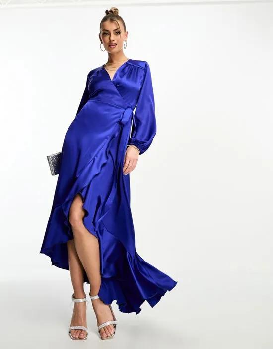 long sleeve wrap maxi dress in cobalt