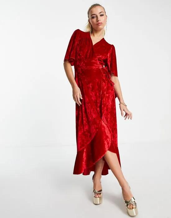 long sleeve wrap maxi dress in red velvet