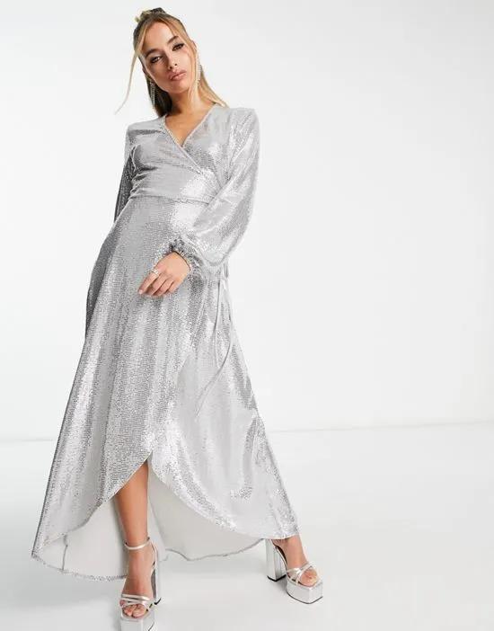 long sleeve wrap maxi dress in silver metallic sparkle
