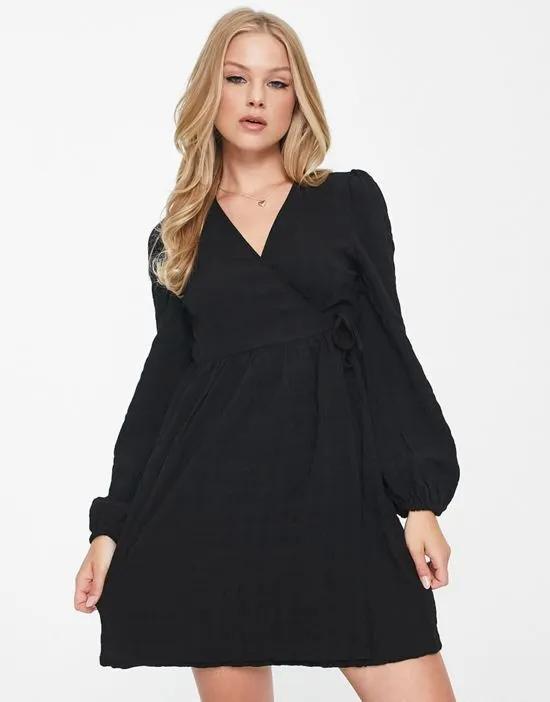 long sleeve wrap mini dress in black