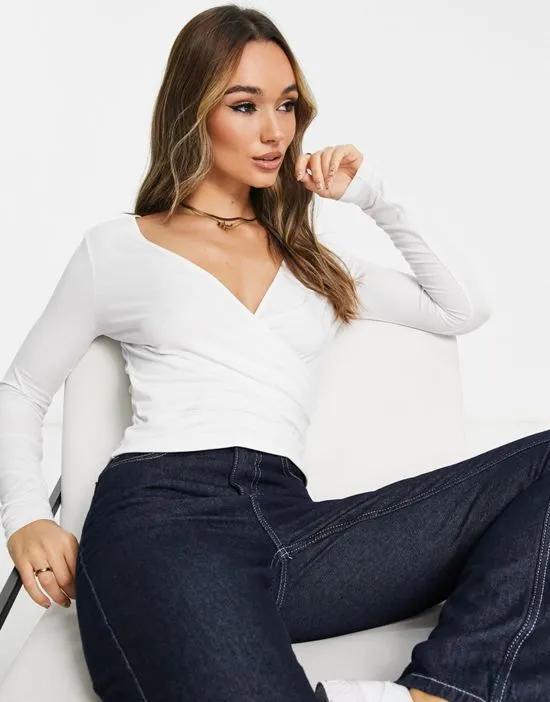 long sleeve wrap top in white