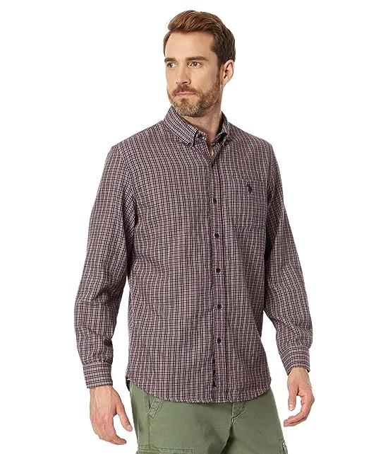 Long Sleeve Yarn-Dye Peached Heathered Plaid Woven Shirt