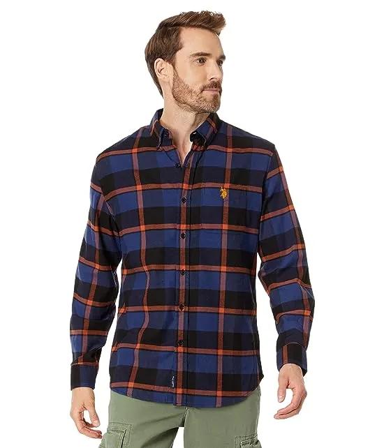 Long Sleeve Yarn-Dye Stretch Peached Plaid Woven Shirt