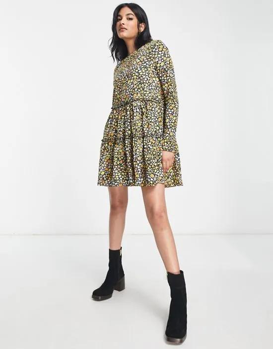 long sleeved tiered smock mini t-shirt dress in brown floral