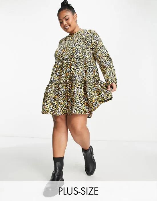 long sleeved tiered smock mini T-shirt dress in brown floral