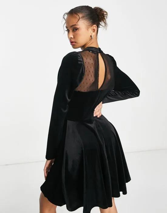 long sleeved velvet dress with sheer lace detail in black