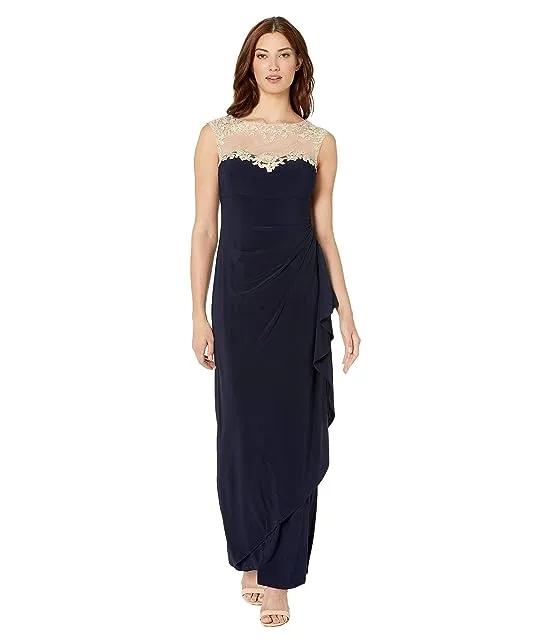 Long Sleeveless Side Ruched Dress with Embroidered Sweetheart Illusion Neckline