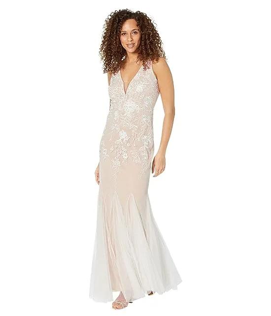 Long V-Neck Embroidered Gown