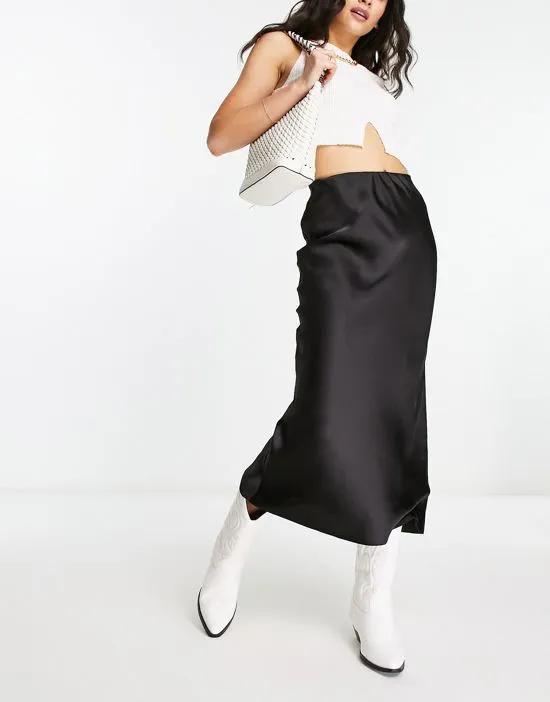 longer length satin bias midi skirt in black