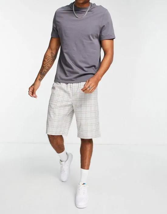 longline check shorts in gray and brown