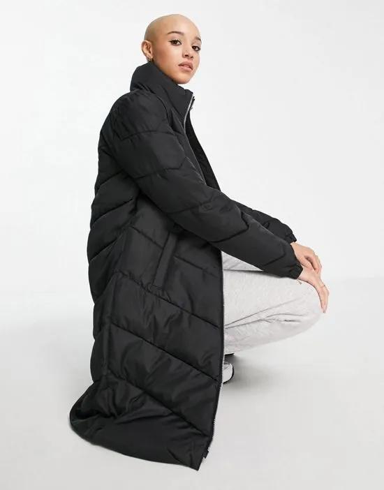 longline chevron padded coat in black