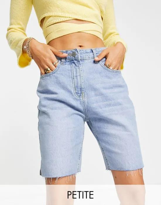 longline denim shorts with raw hem in light blue