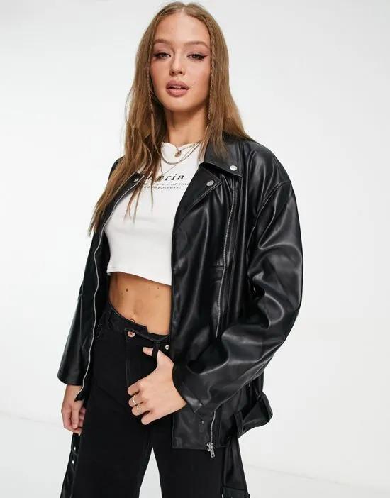longline oversized faux leather moto jacket in black