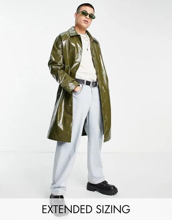 longline oversized trench coat in khaki faux leather vinyl