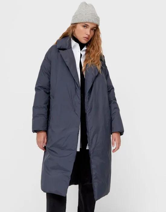 longline padded coat with belt in dark gray