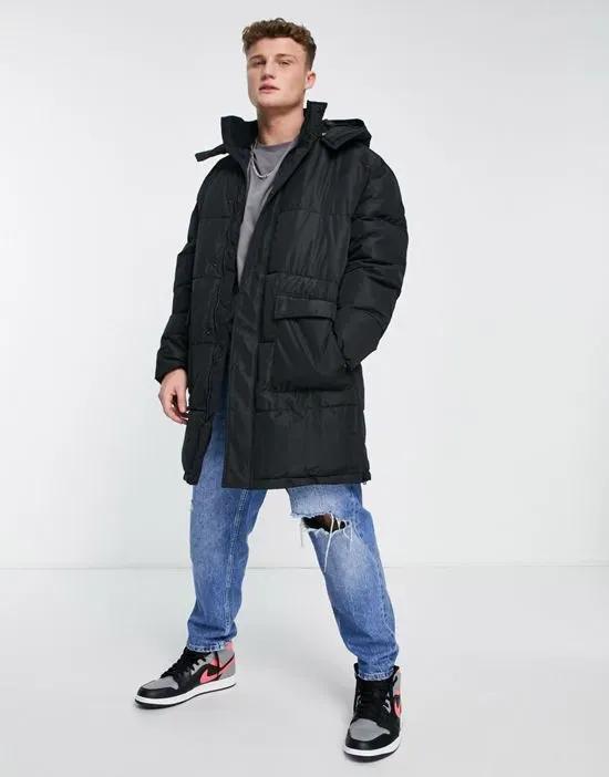 longline puffer coat with hood in black