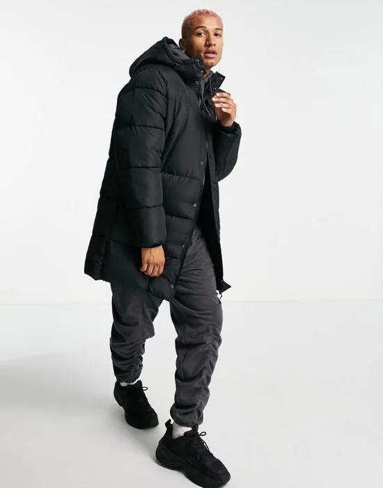 longline puffer jacket with detachable hood in black