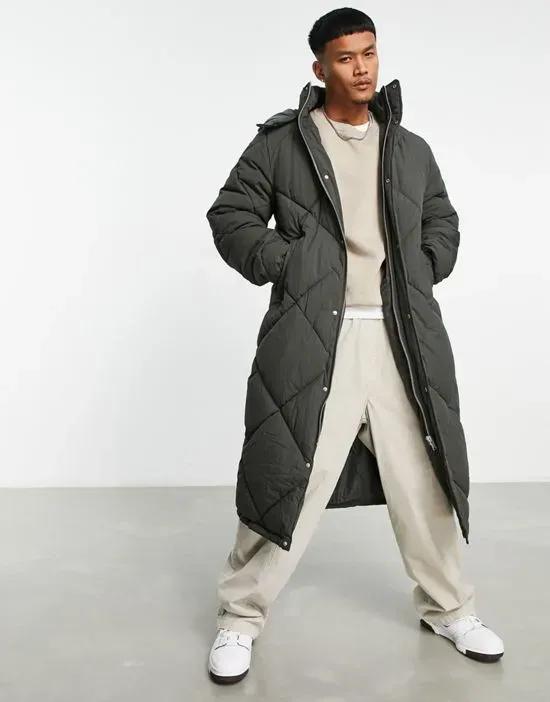 longline quilted puffer coat in gray