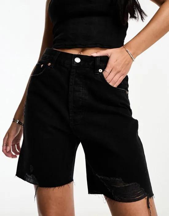 longline ripped denim shorts in black
