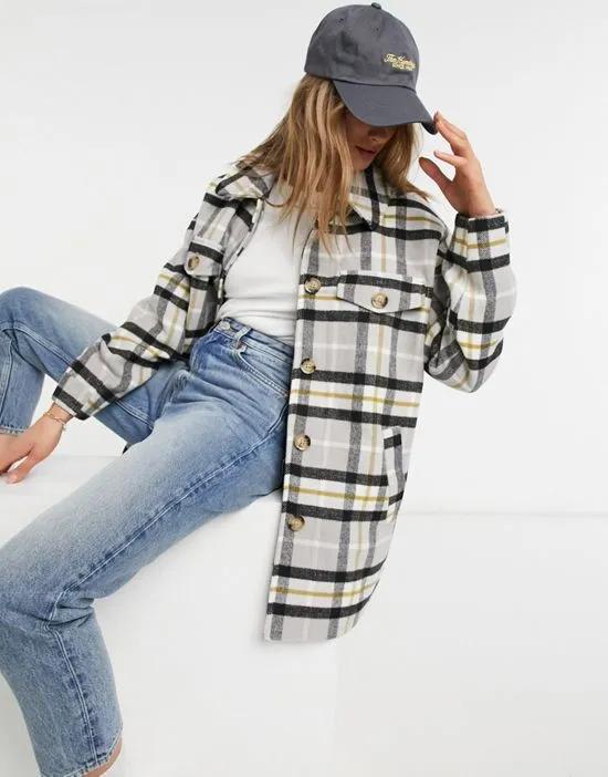 longline shacket in cream and blue plaid