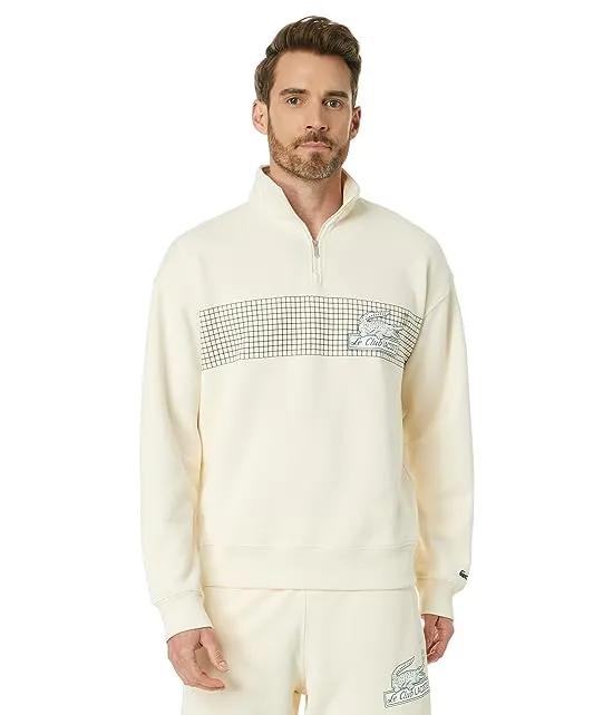 Loose Fit High Neck 1/4 Zip Sweatshirt with Front Tennis Net Graphic