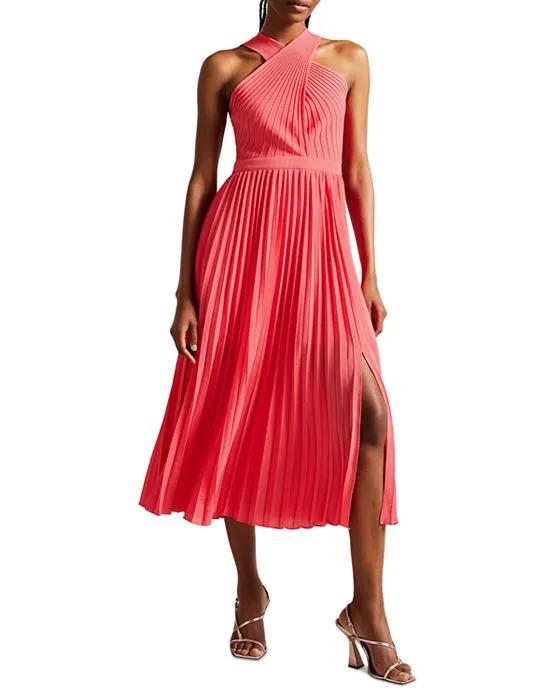 Loueli Cross Front Pleated Midi Dress  