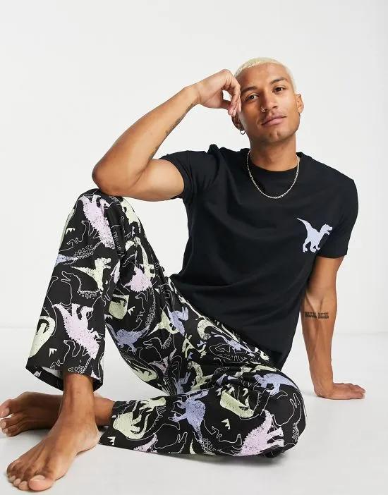 lounge t-shirt and pants pajama set in dinosaur print