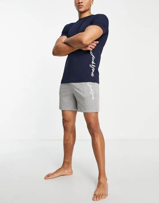 loungewear logo T-shirt & shorts set in navy & gray melange