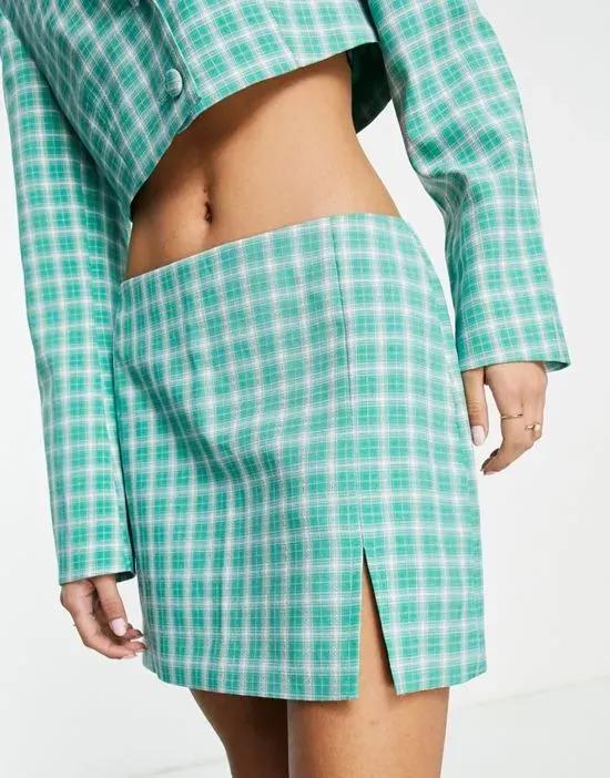 low rise check mini skirt with slit detail in green - part of a set