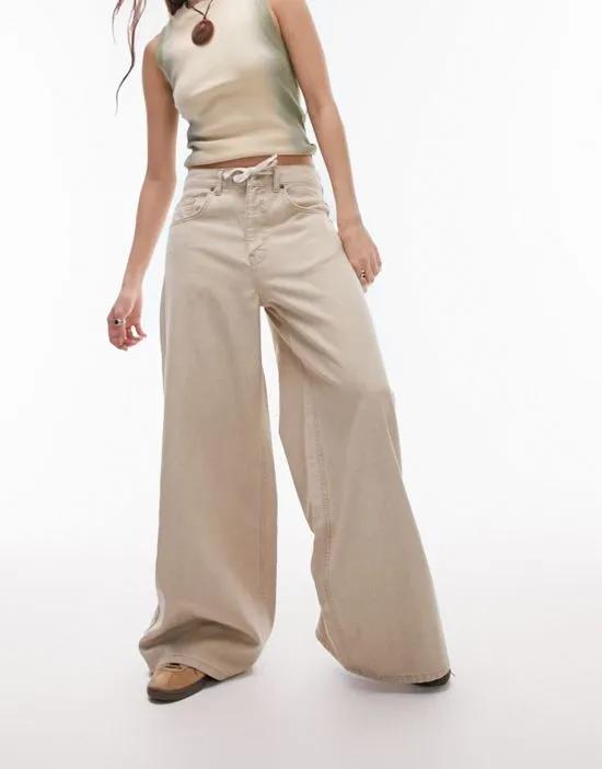 low rise drawstring wide leg jeans in sand