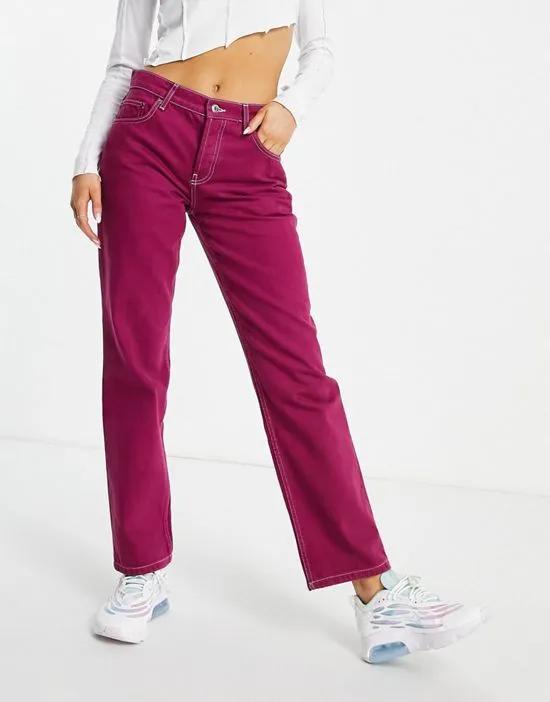 low rise straight leg jean in maroon with contrast thread