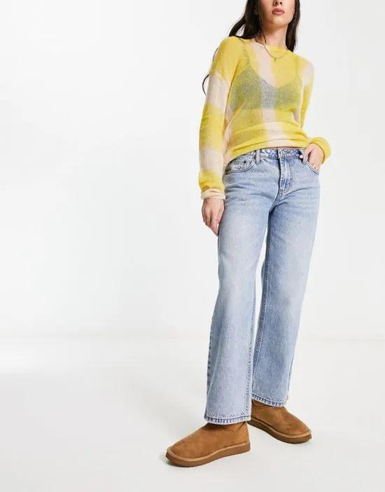 low rise straight leg jeans in mid wash