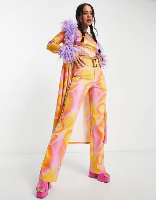 low rise Y2K belted fitted flare pants in 70s swirl - part of a set