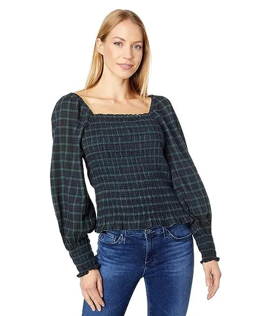 Lucie Bubble-Sleeve Smocked Top in Plaid