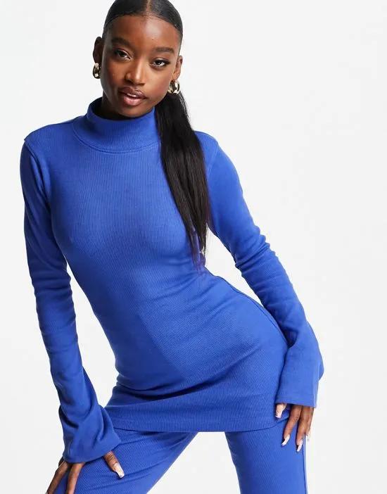 luxe rib flared sleeve longline top in bright blue - part of a set