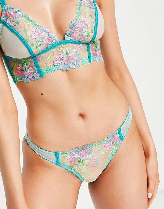 Mable premium embroidered floral brief with picot trim in teal