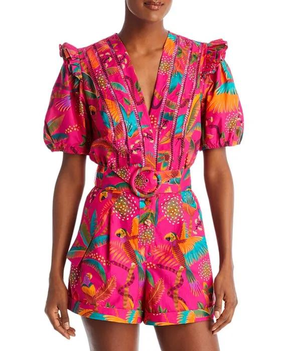 Macaw Belted Puff Sleeve Romper