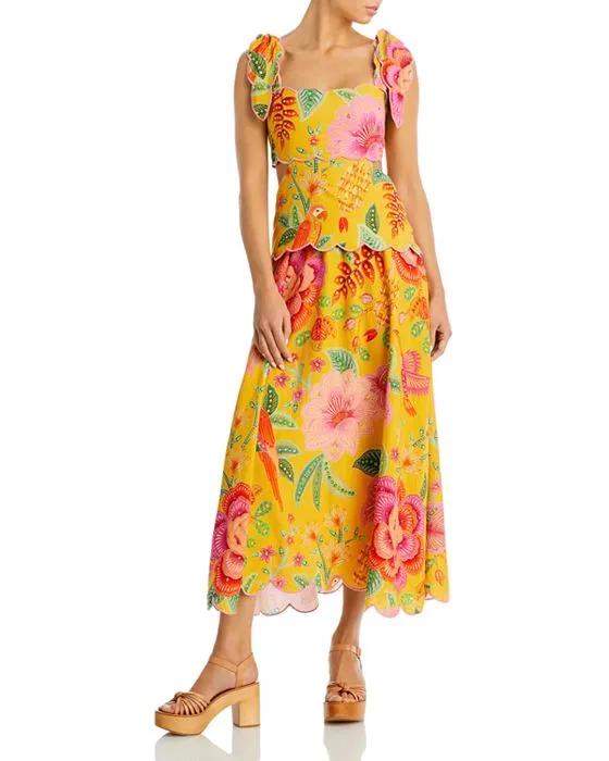 Macaw Bloom Scalloped Midi Dress