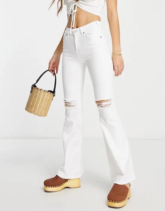 macy high waisted ripped knees flare jeans in white